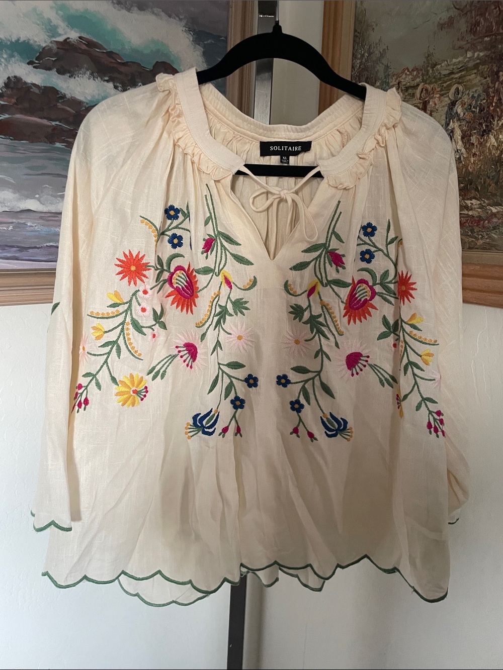 Solitaire Cream Embroidered Floral Peasant Top